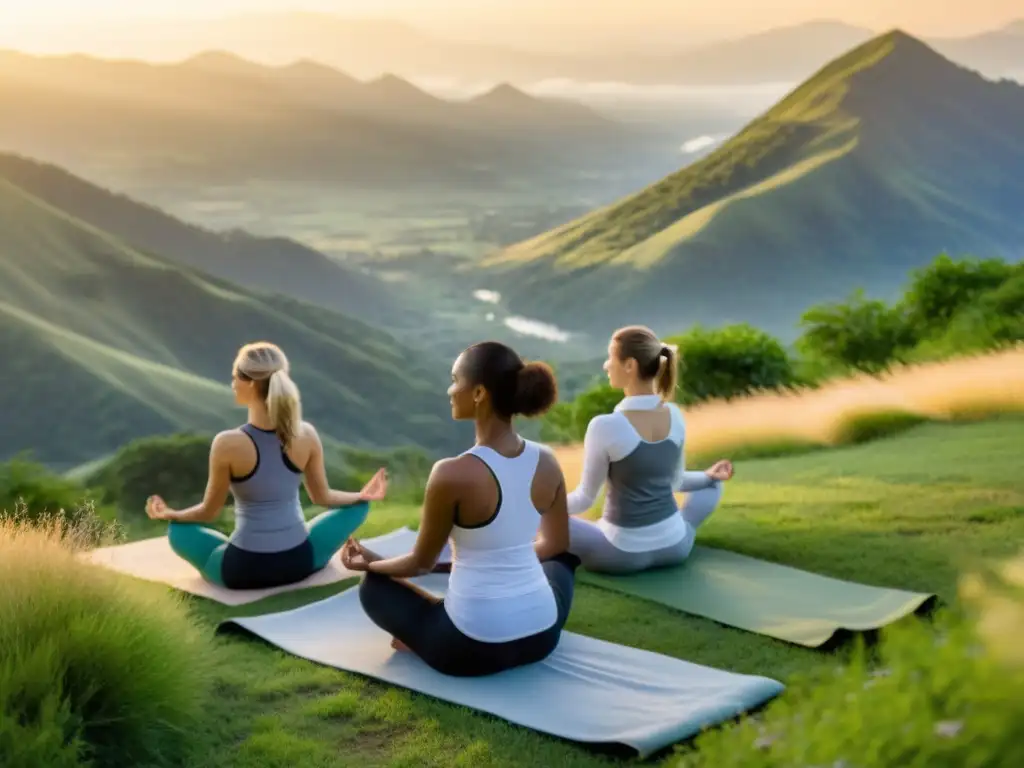 Yogis en la cima: Serenidad al amanecer Retiro de yoga en la montaña al amanecer, con yoguis en práctica y una atmósfera de paz y conexión espiritual con la naturaleza
