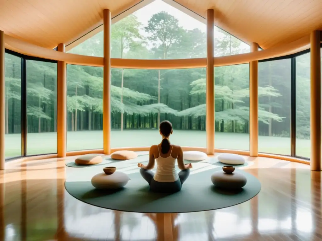 Un retiro para promover salud respiratoria en un moderno espacio de meditación con vista al bosque