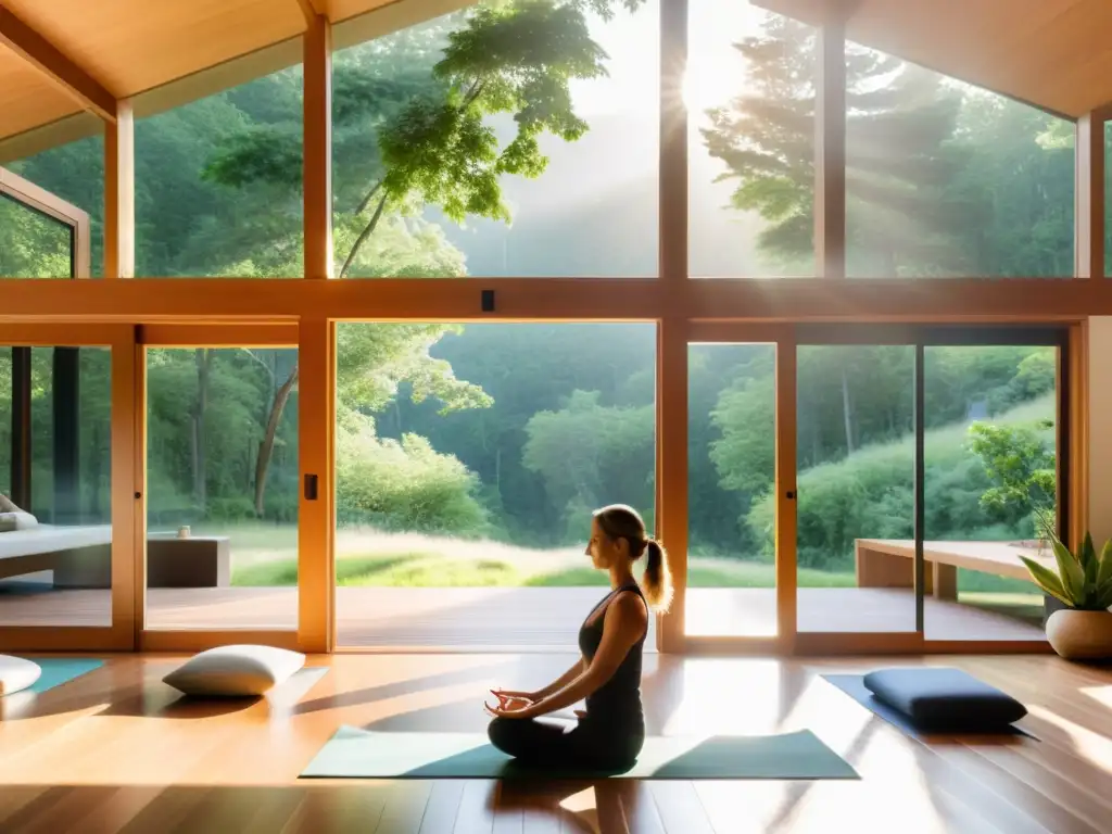 Retiro de yoga y meditación en valle verde, con gente practicando en terraza de madera, rodeados de naturaleza y serenidad