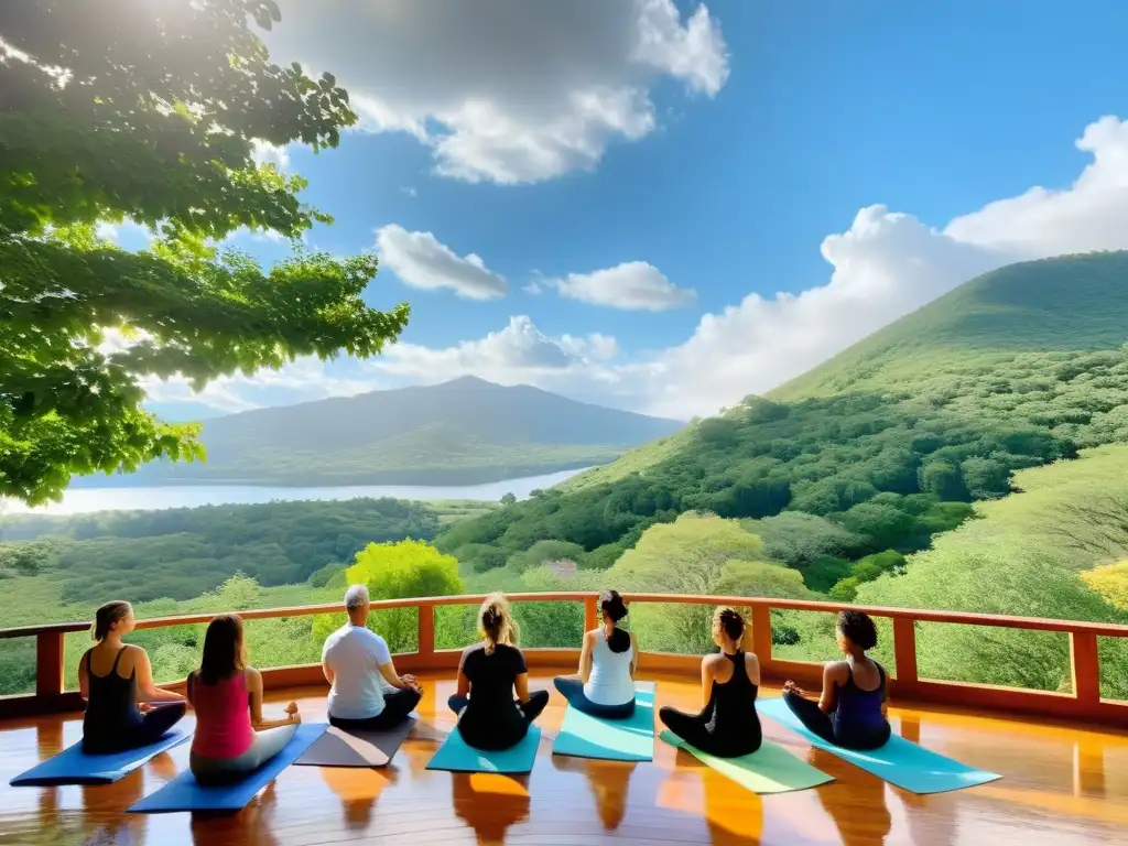 Un retiro de yoga familiar en la naturaleza, con una sesión relajante al aire libre rodeada de naturaleza exuberante y un lago sereno