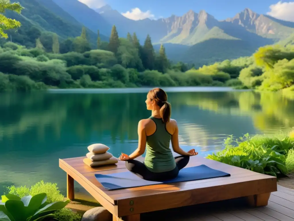 Retiros de yoga y meditación familiar en un valle sereno y exuberante, con una familia practicando yoga al aire libre junto a un lago tranquilo