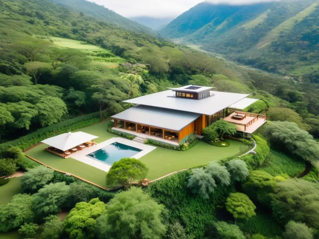 Retiros de yoga y meditación familiar en un valle verde con arquitectura ecofriendly y ambiente sereno