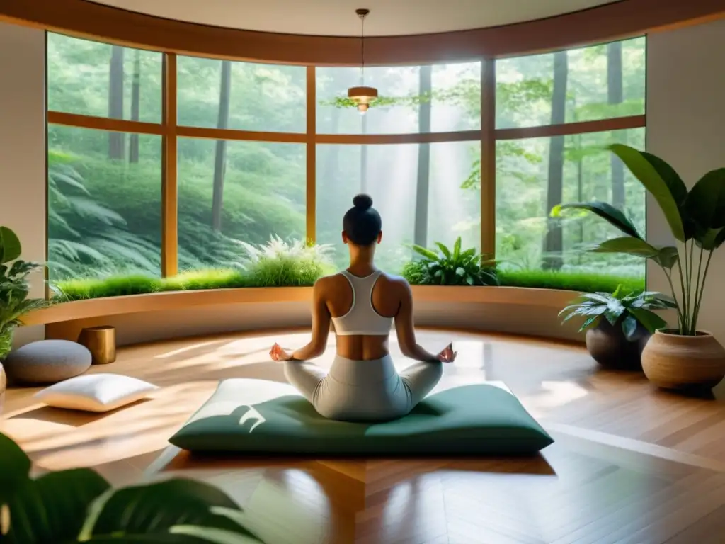 Retiros para promover salud respiratoria: Espacio de meditación moderno con vistas a un bosque tranquilo, plantas verdes y luz natural