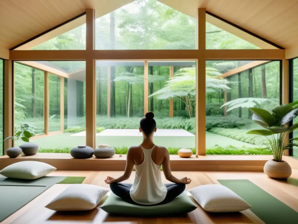 Retiros de silencio para respiración consciente: Meditación en sala minimalista con vista a bosque y luz natural