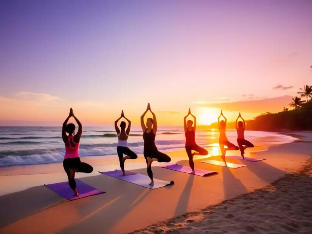 Retiros de Yoga Detox: serenidad en la playa al atardecer, practicando posturas avanzadas con el sonido de las olas y colores cálidos en el cielo