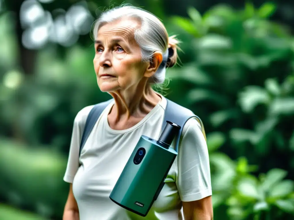 Retrato de anciano haciendo ejercicios de respiración con concentrador de oxígeno portátil en entorno natural, transmitiendo calma y bienestar