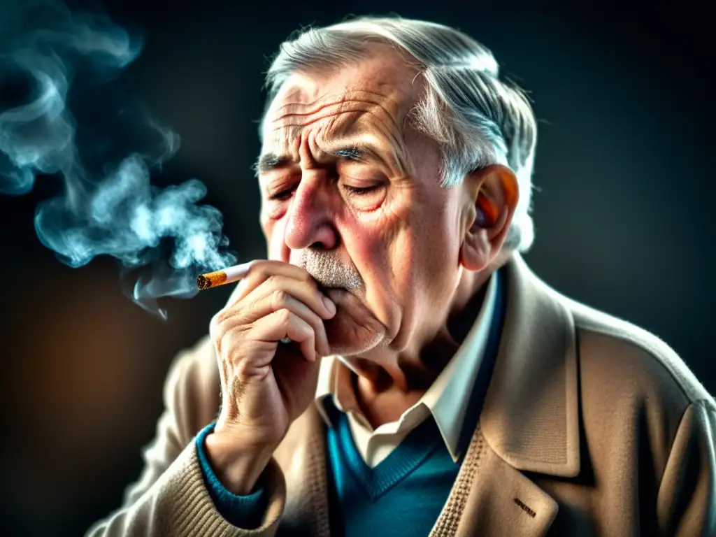 Retrato detallado de un adulto mayor tosiendo y luchando por respirar, mostrando el impacto de los efectos del tabaco en seniors