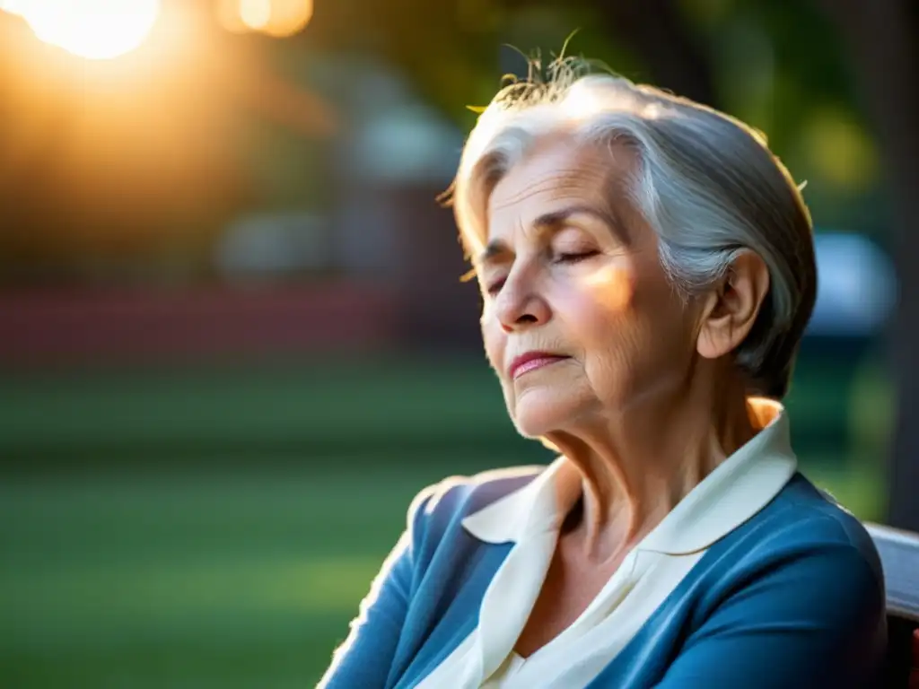 Retrato detallado de una mujer mayor en un banco del parque, disfrutando la serenidad del atardecer