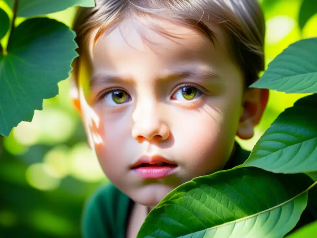 Retrato detallado de un niño en el bosque, con expresión pensativa y luz filtrándose entre las hojas