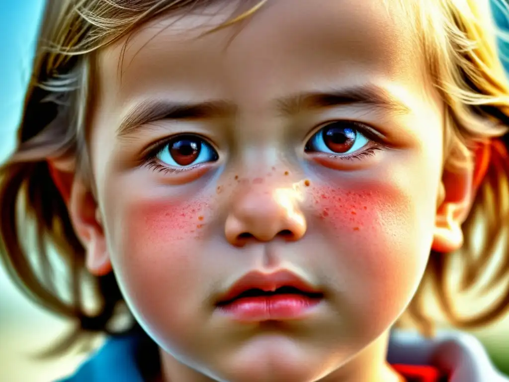 Retrato detallado de un niño con síntomas de rinitis alérgica infantil, como ojos rojos y llorosos, nariz moqueante y signos de irritación