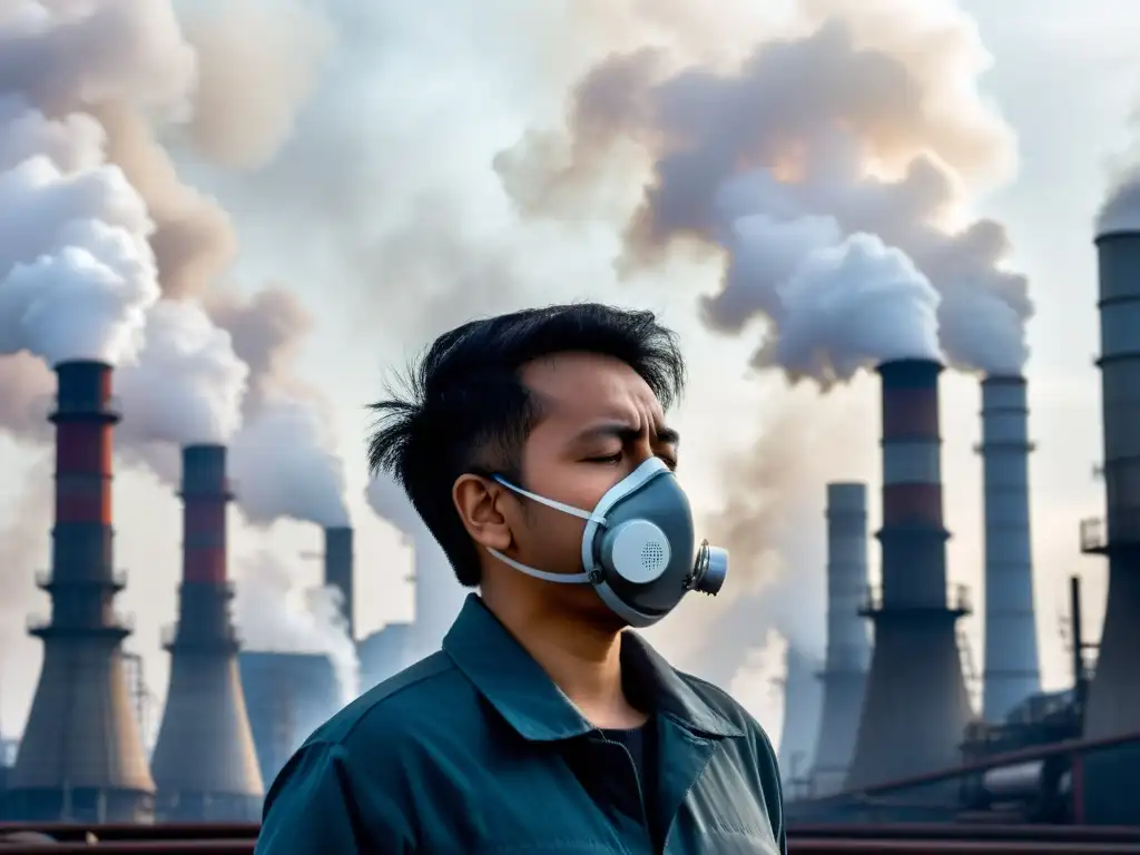 Retrato impactante de una persona luchando por respirar frente a humo industrial