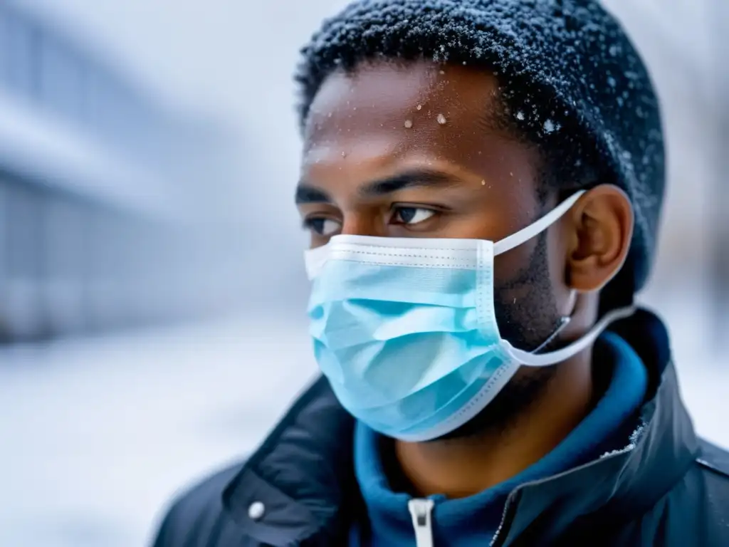 Retrato de persona con mascarilla en tormenta, mostrando determinación frente a eventos climáticos extremos y crisis respiratorias