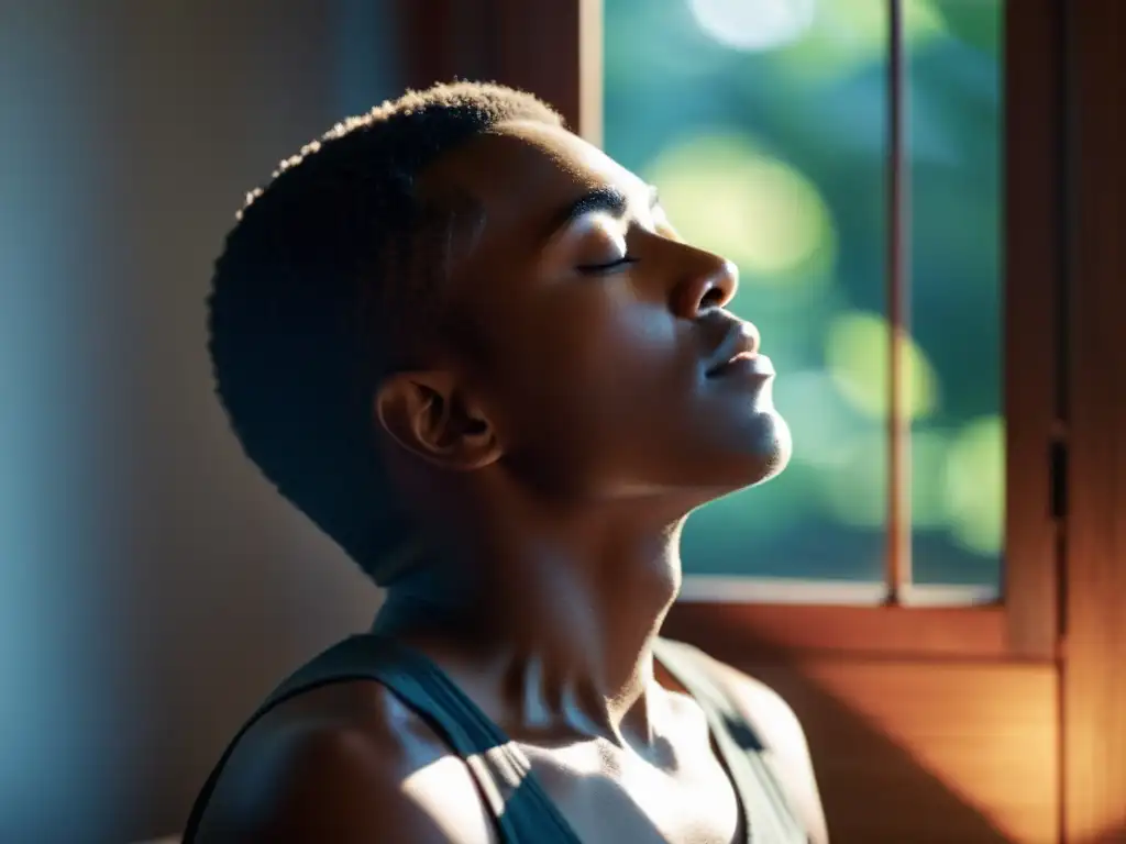 Un retrato de una persona en postura meditativa, con los ojos cerrados y la luz del sol suave iluminando su rostro