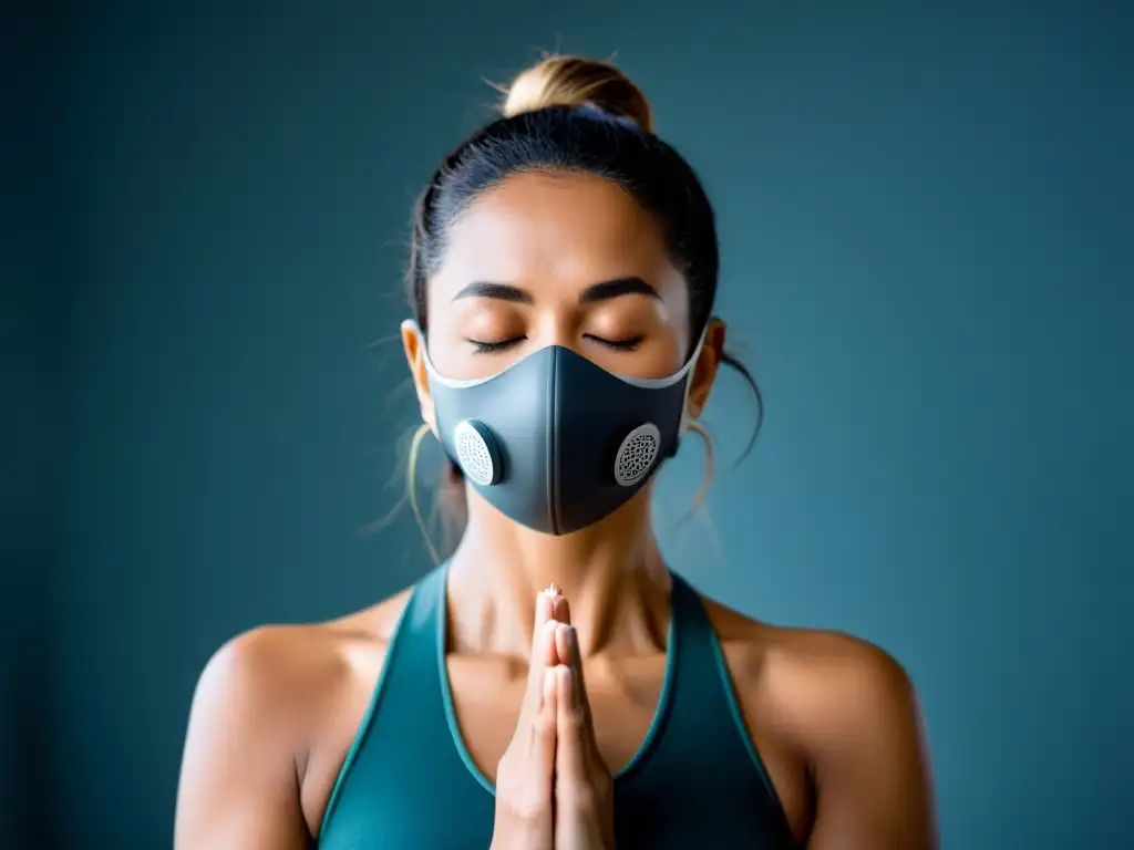 Un retrato en primer plano de una persona practicando yoga con un accesorio de respiración, en un ambiente sereno y meditativo