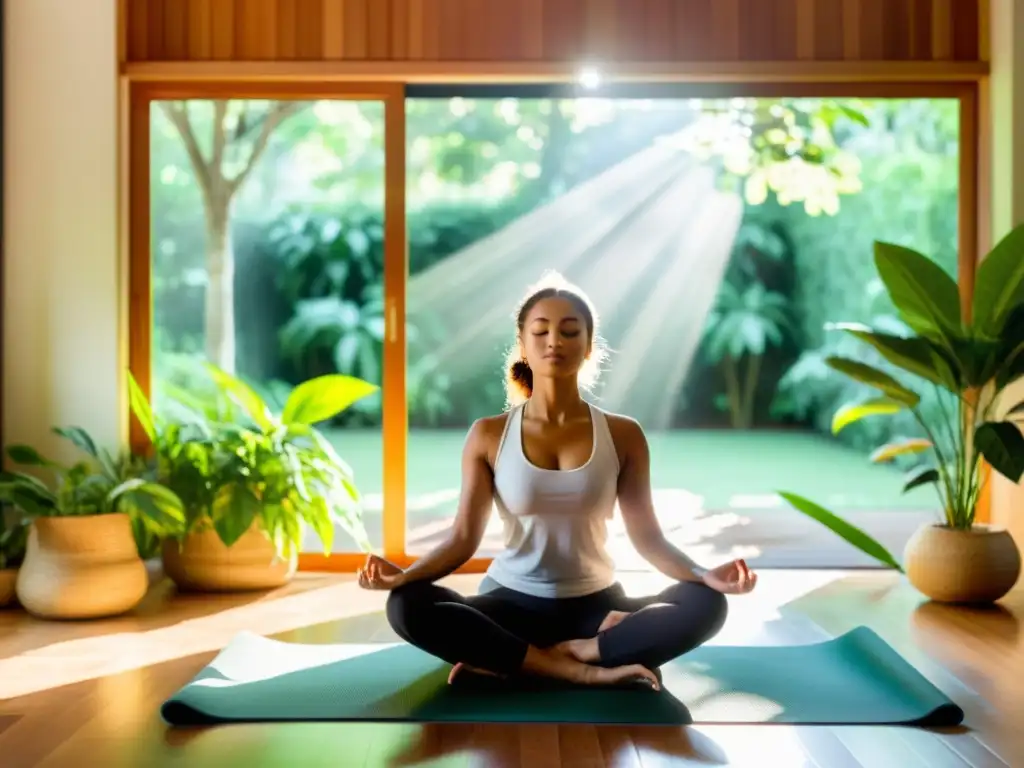 Práctica de ritmos respiratorios para meditación serena en un entorno natural y luminoso