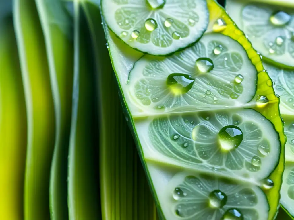 Rodajas finas y frescas de pepino con gotas de agua brillante