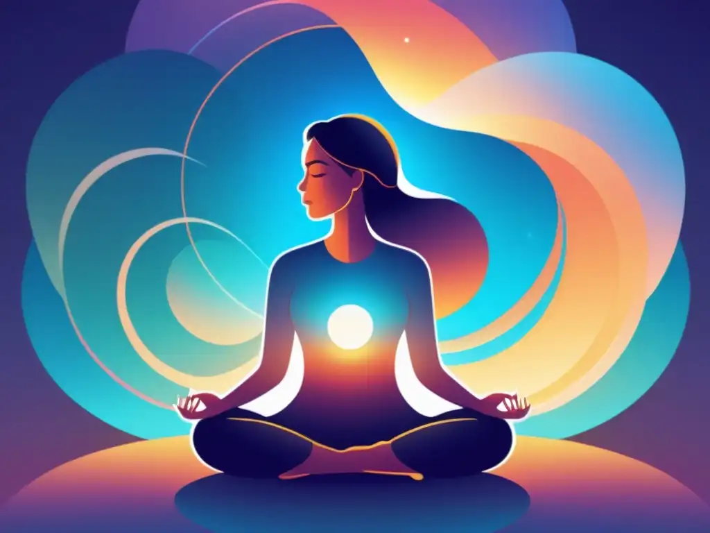 Figura en meditación rodeada de energía prana, transmite calma y paz interior, poder del prana en respiración