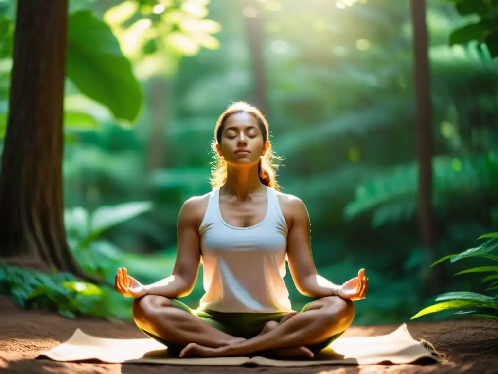 Un yogi en meditación, rodeado de exuberante vegetación, integrando Pranayama en Ashtanga Yoga en un bosque soleado