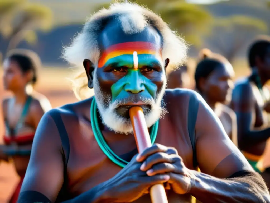 Un sabio aborigen toca el didgeridoo en una ceremonia ancestral en el outback australiano, rodeado de su gente y música tradicional