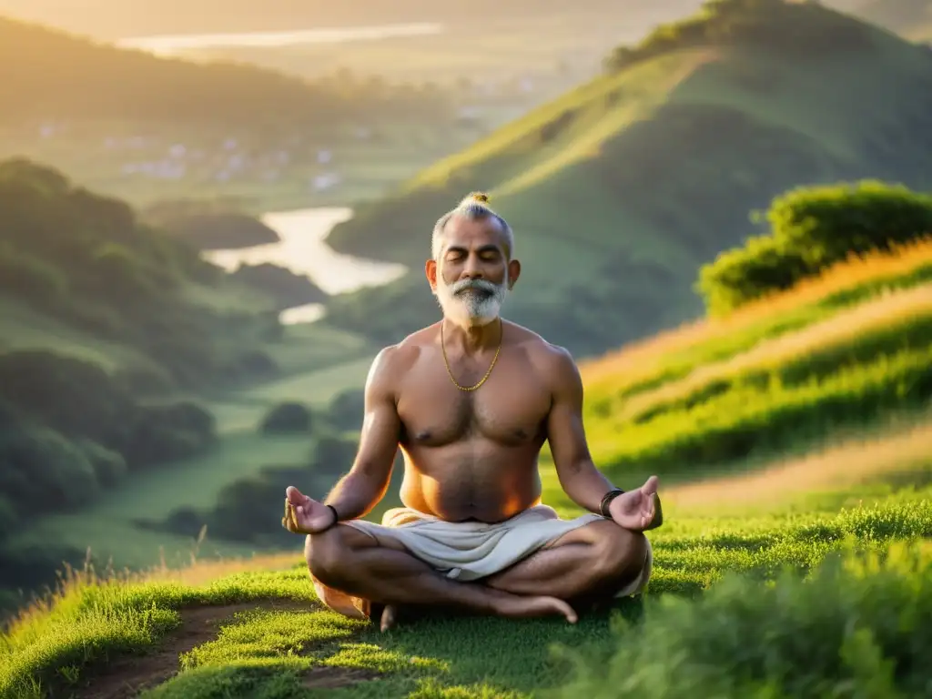 Un sabio yogui practica pranayama al atardecer en una colina, rodeado de naturaleza exuberante