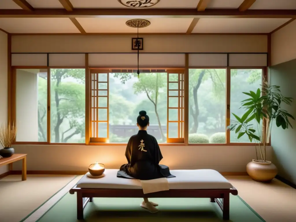 Una sala de consulta serena con influencia de la medicina tradicional China