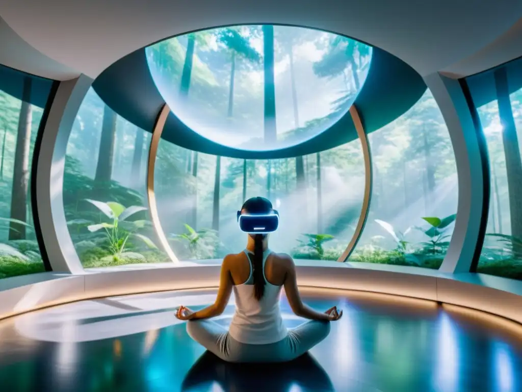 Una sala de meditación futurista con vista a un bosque tranquilo