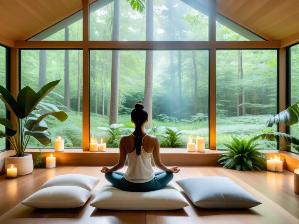 Una sala de meditación moderna y serena con vista a un bosque