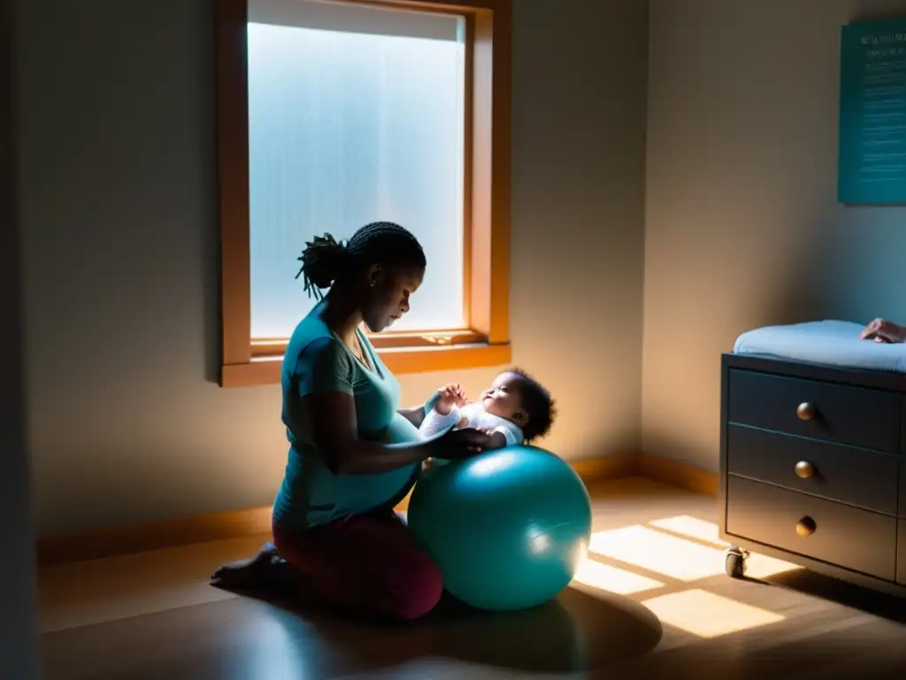 Una sala de parto serena y tenue con luz natural, donde una mujer en trabajo de parto es apoyada por una doula y una partera