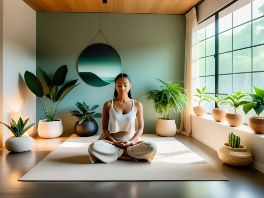 Una sala de meditación serena con decoración minimalista y una persona en meditación profunda