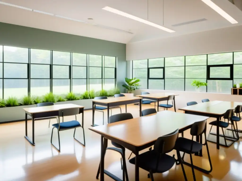 Salón de clases moderno y sereno con luz natural, estudiantes practicando técnicas de respiración para memoria guiados por la maestra