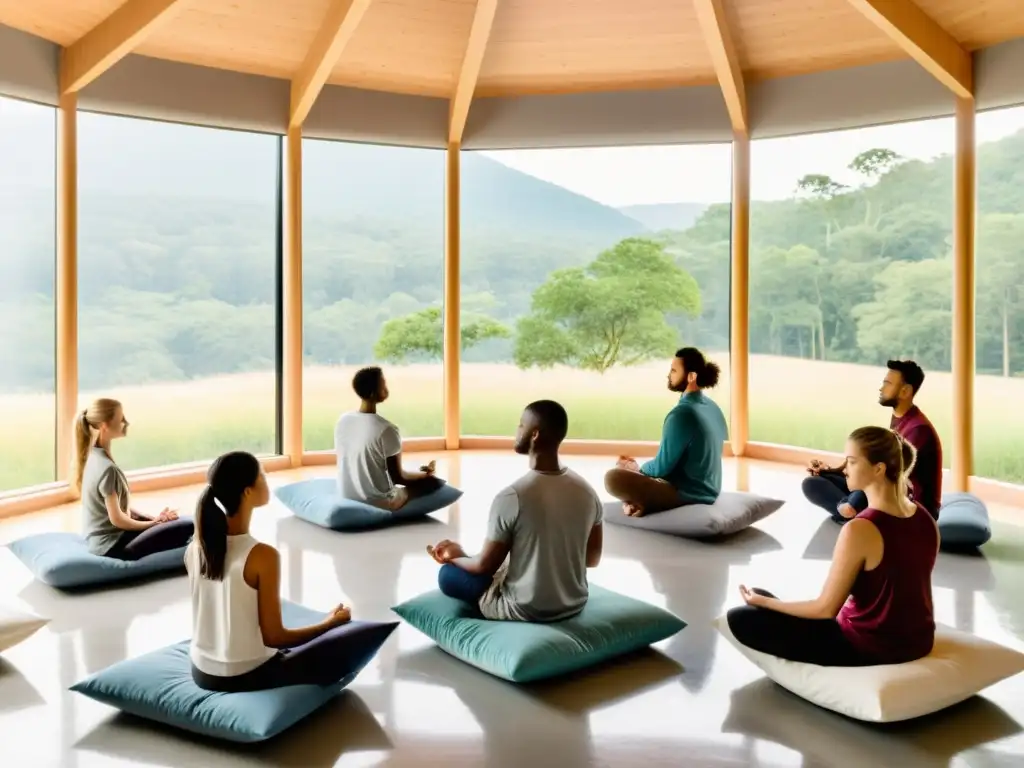 Salón de clases tranquilo integrando prácticas contemplativas en cursos, con estudiantes en círculo de meditación y vista natural relajante