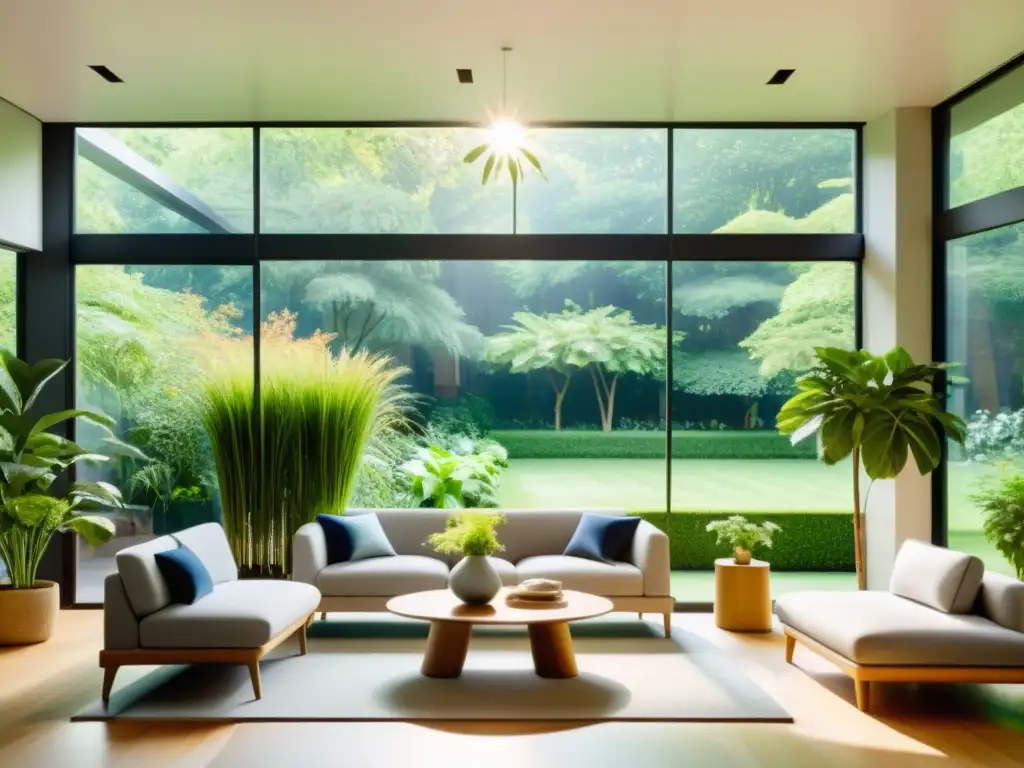 Un salón luminoso con muebles ergonómicos, plantas purificadoras de aire y ancianos sanos disfrutando de la calidad del aire interior