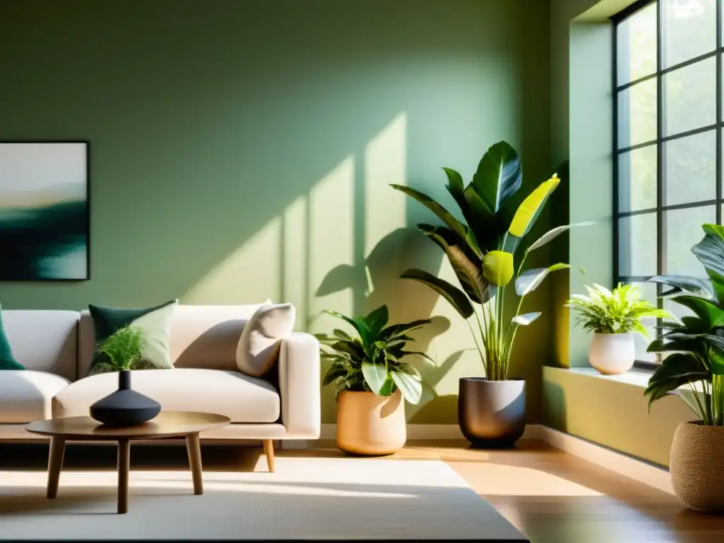 Un salón moderno bien iluminado con plantas verdes y difusores de aceites esenciales, creando una atmósfera tranquila de aromaterapia para mejorar respiración en casa