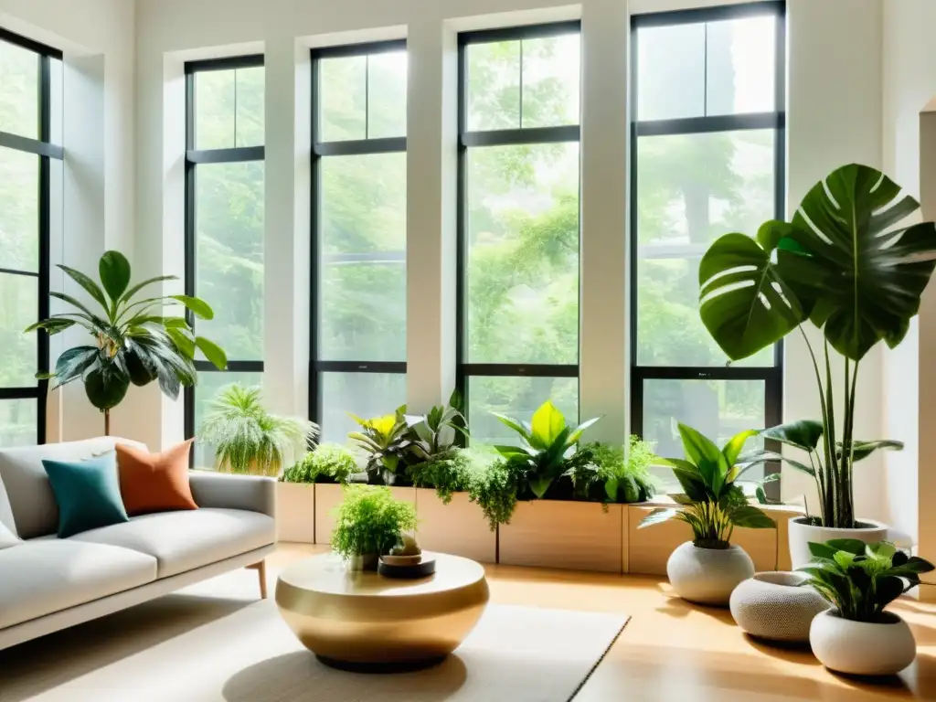 Salón moderno y luminoso con plantas, purificadores de aire y luz natural, promoviendo la calidad del aire interior para ancianos