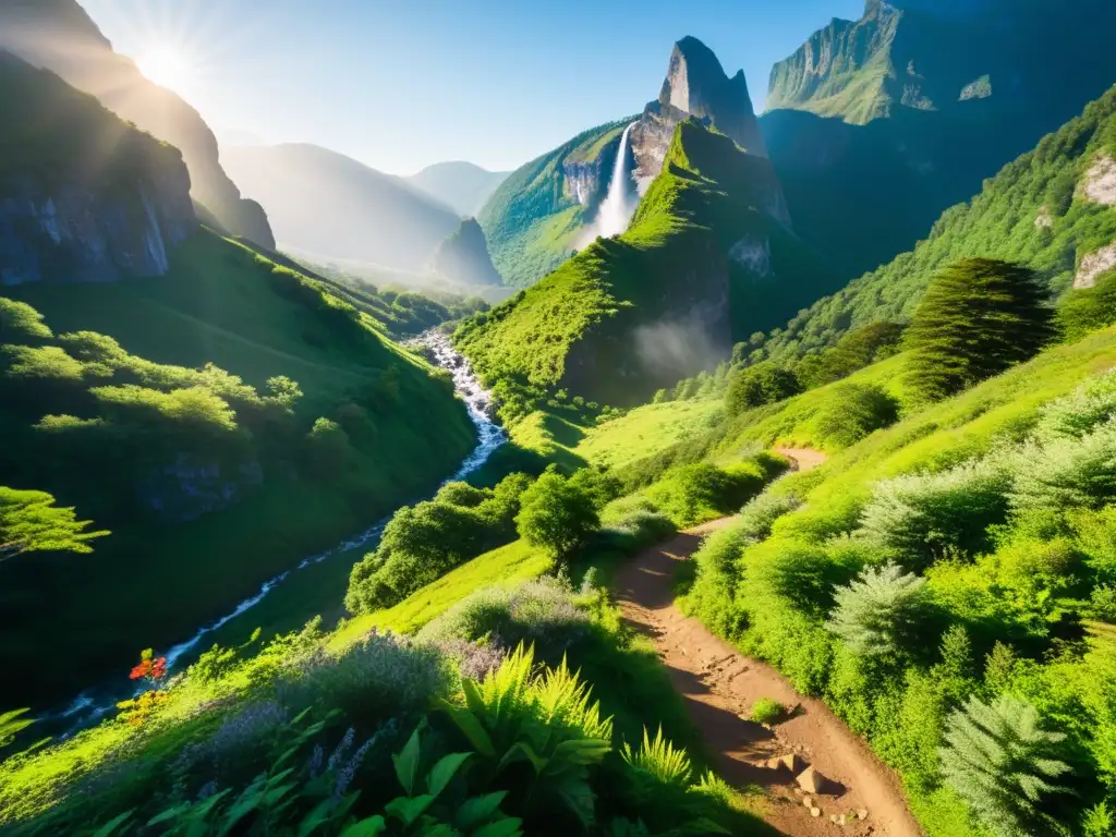 Senderismo con aire puro: Senderos montañosos serpenteantes, exuberante vegetación y una majestuosa cascada, evocando tranquilidad y aventura