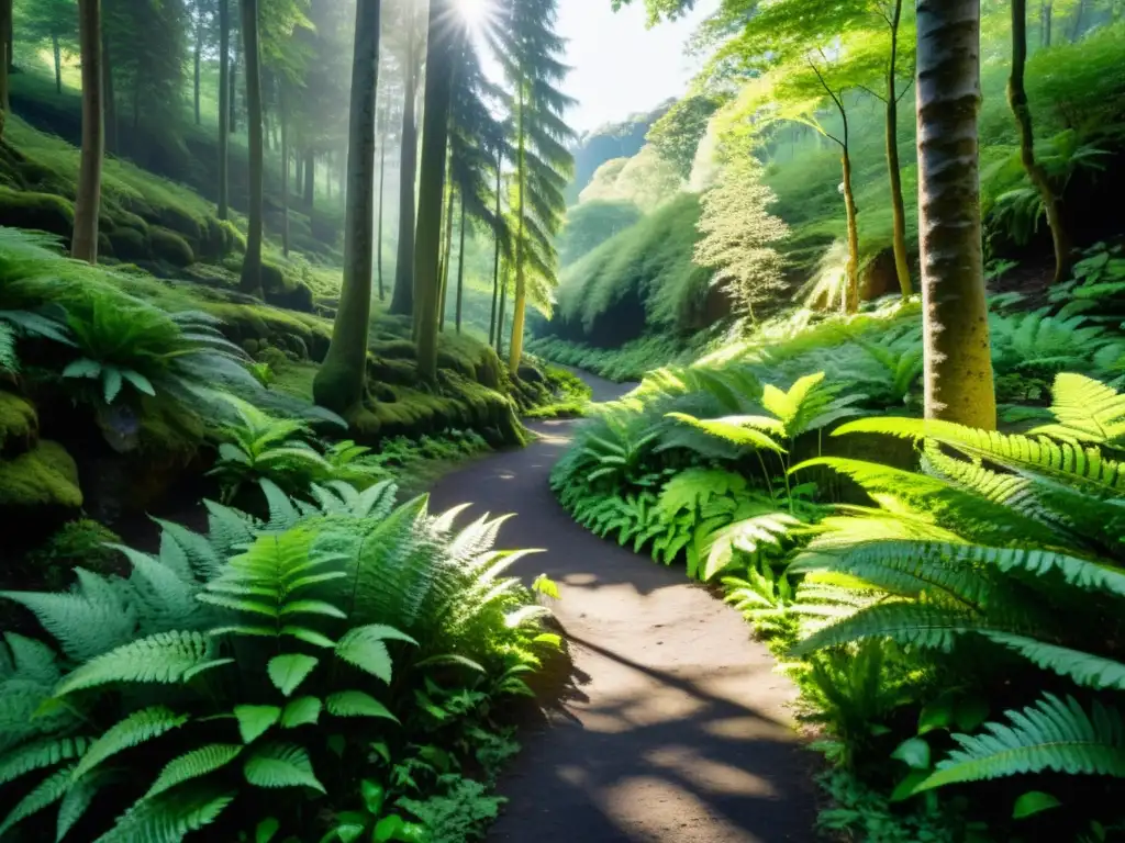 Sendero boscoso con luz solar filtrándose entre los árboles