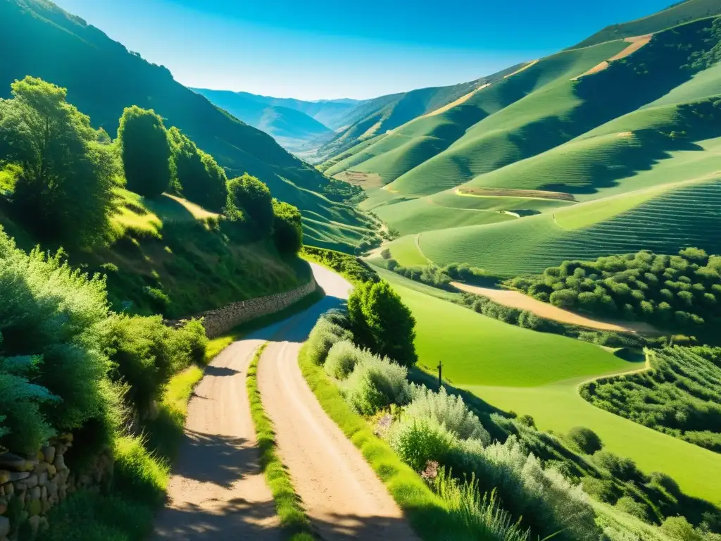 Sendero del Camino de Santiago en las montañas, bajo cielo azul