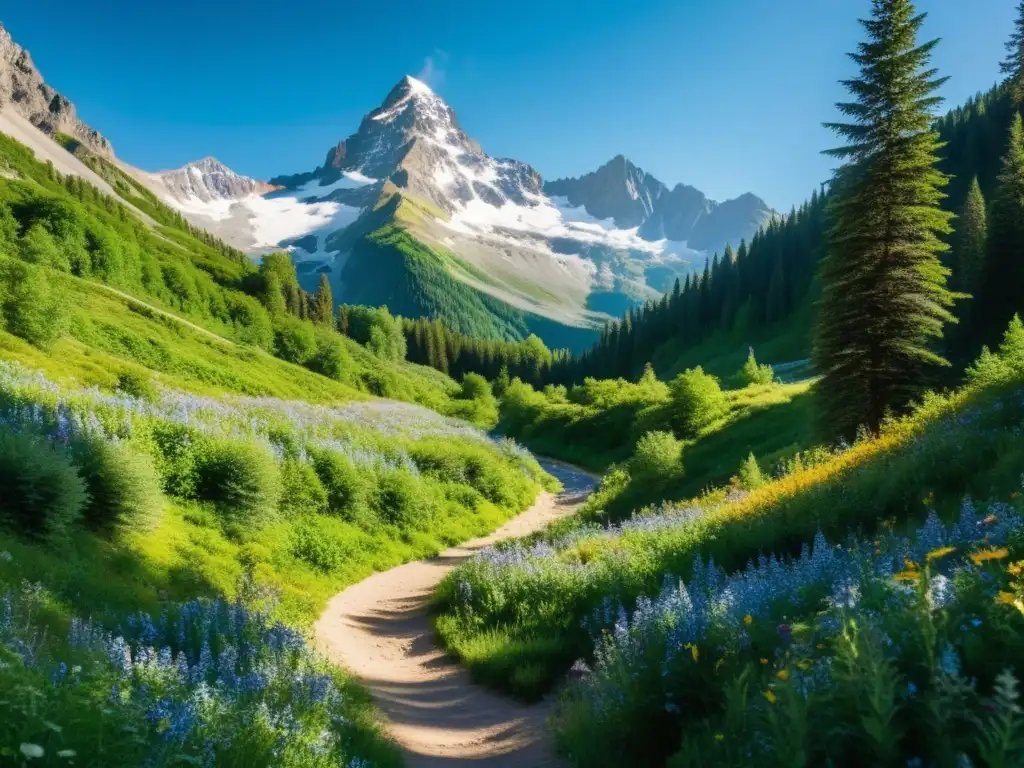 Un sendero de montaña serpenteante entre bosques verdes, arroyo cristalino y picos nevados en un entorno de pura naturaleza