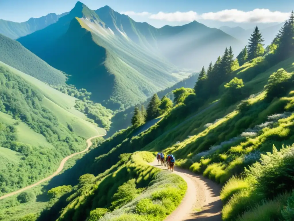 Un sendero de montaña serpenteante rodeado de exuberante vegetación, con la luz del sol filtrándose entre los árboles