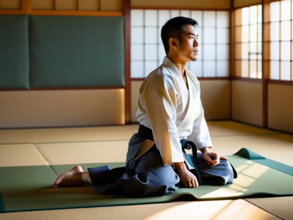 Sensei y estudiantes practican Aikido y Judo con respiración consciente en un dojo sereno