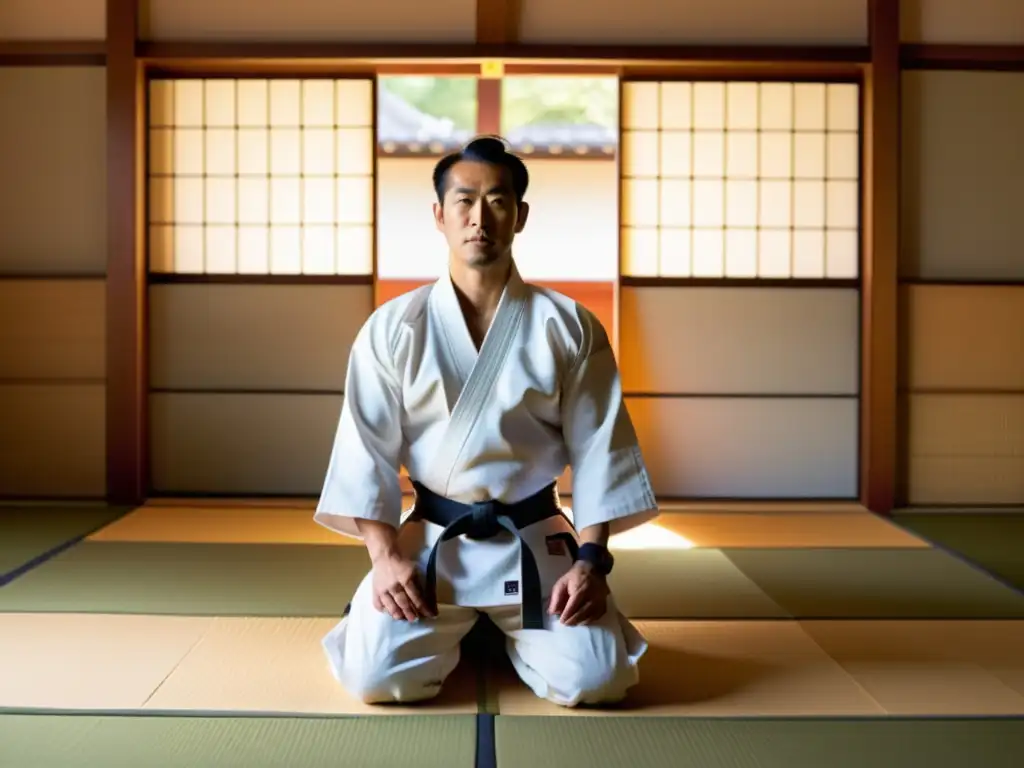 Un sensei experimentado y un instructor de Judo se destacan en un dojo sereno, irradiando una atmósfera de concentración y respiración consciente