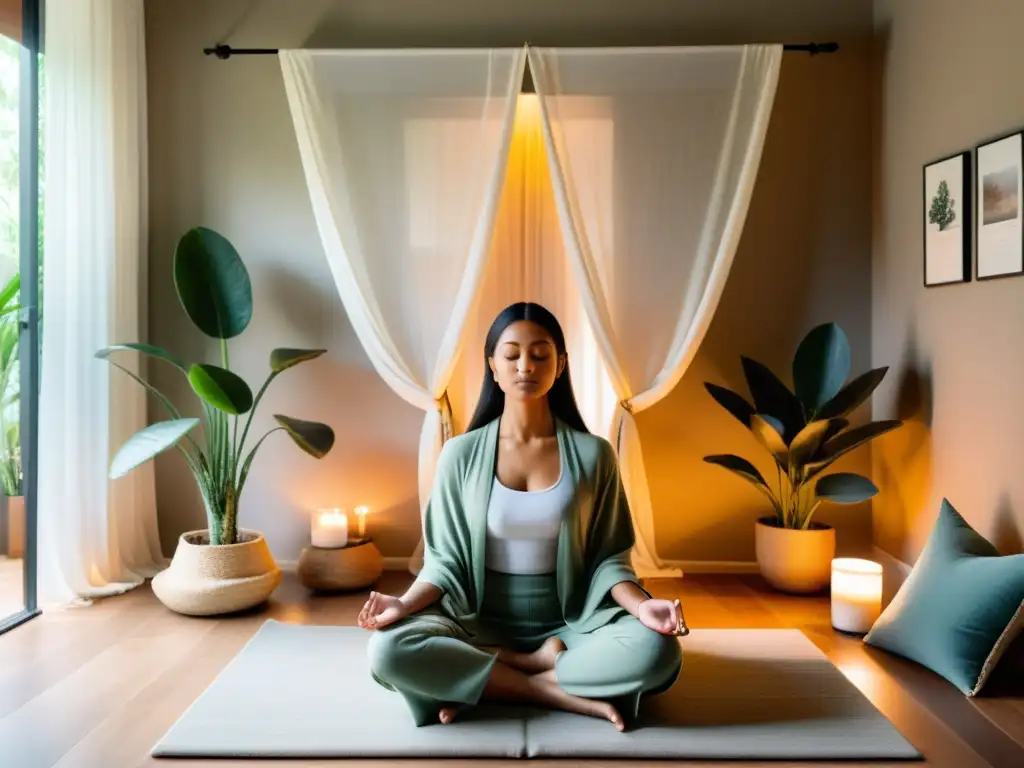 Serenidad y paz en un espacio de meditación moderno con luz natural suave, decoración minimalista y una persona meditando