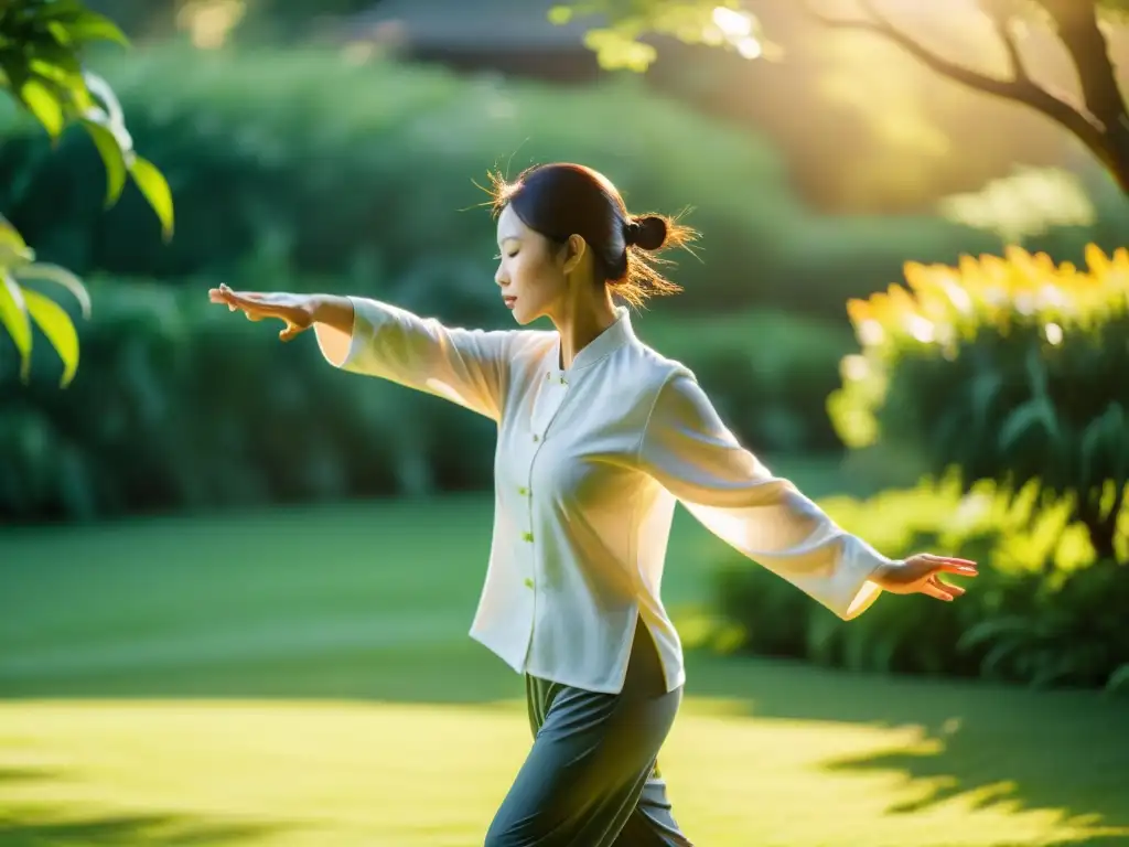 Práctica de Tai Chi en un jardín sereno, rodeado de vegetación vibrante y bañado por la suave luz dorada, transmitiendo calma y armonía