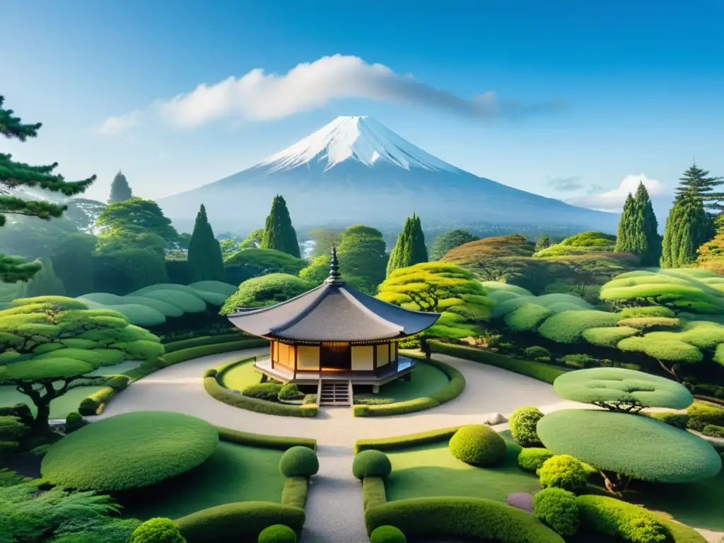 Jardín japonés sereno con pavilón de meditación, senderos de grava y vista de Monte Fuji