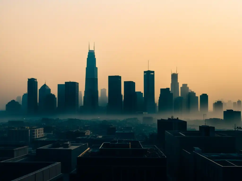 Silueta de ciudad envuelta en smog, representando los efectos del cambio climático en la calidad del aire