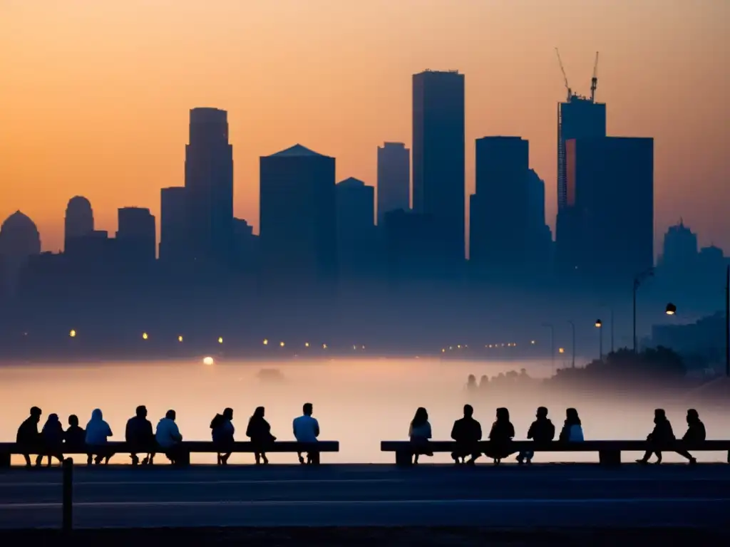 Siluetas practicando ejercicios respiración polución diaria en la ciudad al atardecer, desafiando la contaminación con determinación