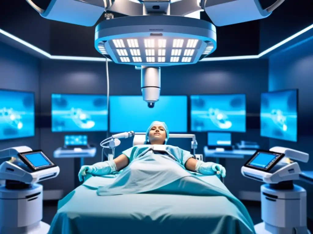 Un sistema quirúrgico robótico realiza una cirugía torácica en un quirófano moderno, con un ambiente futurista y tecnológicamente avanzado