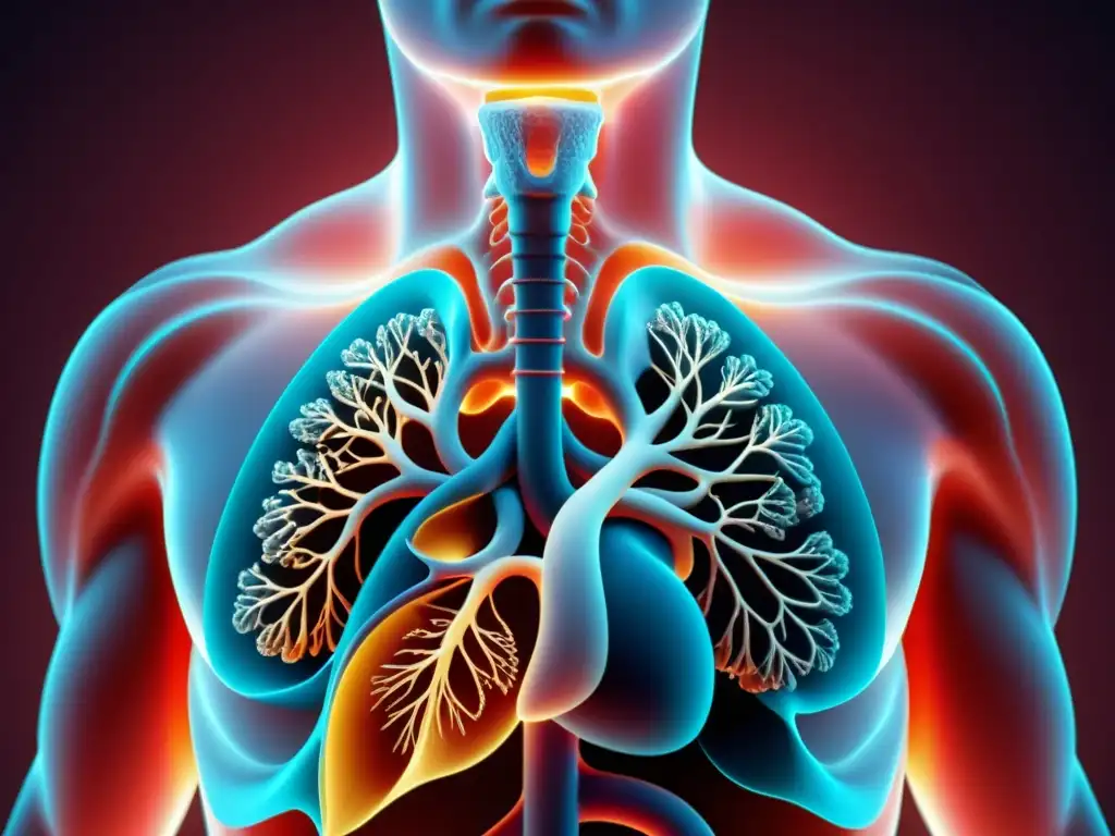 Sistema respiratorio: una imagen 8k detallada muestra tráquea, bronquios y alvéolos, resaltando la anatomía y funciones