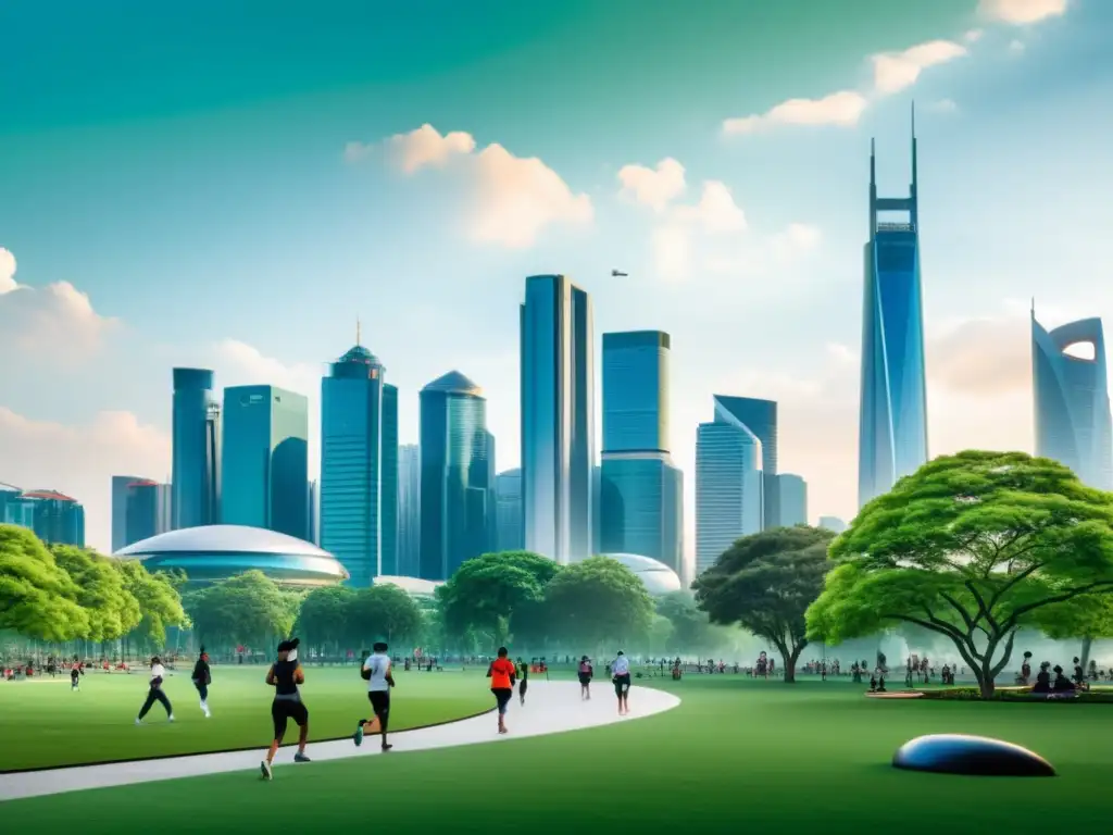 Skyline moderno con parque verde y personas usando máscaras, respirando aire limpio