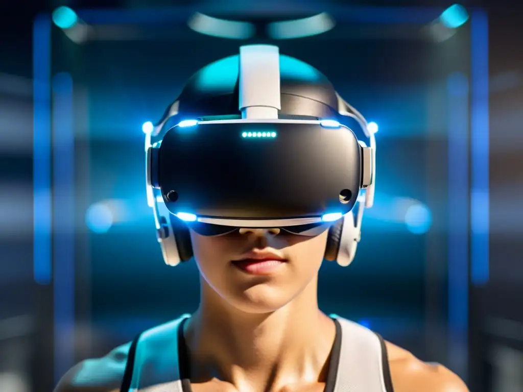 Un sofisticado headset de realidad virtual para entrenamiento respiratorio deportivo en un laboratorio de ciencia deportiva de vanguardia